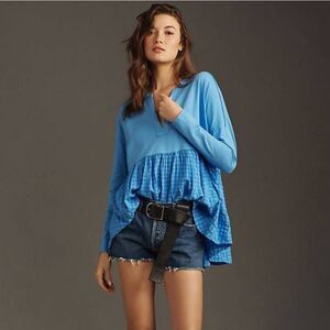 Anthropologie Pilcro Babydoll Blouse Top Sz S Blue Gingham Oversized Beachy Boho